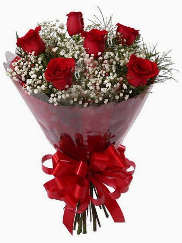Arranjo 06 rosas vermelhas + Gipsofilas brancas