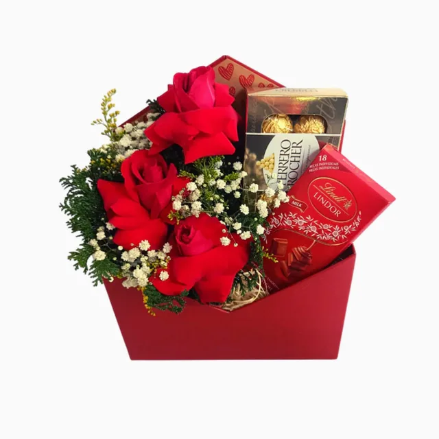 Arranjo 03 rosas vermelhas + Lindt + Ferrero Rocher